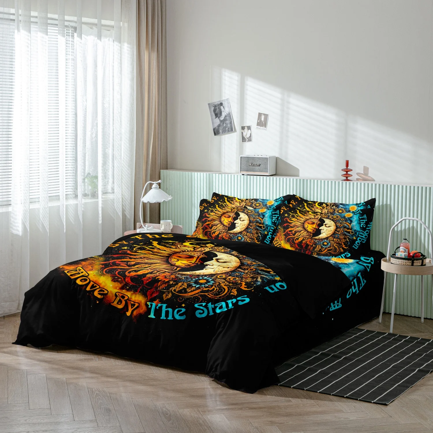 3Pcs Vintage Celestial Sun Moon Print Duvet Cover Set, Black The Stars Floral Sunflower Pattern Bedding,Multiple Sizes Available