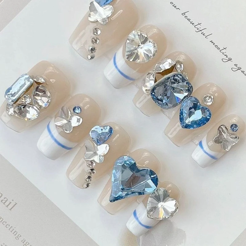 French Sailor Style Pure Handmaded T-shaped Reusable False Nails Light Blue Love Heart Crushed Diamond Wearable Nails Detachable