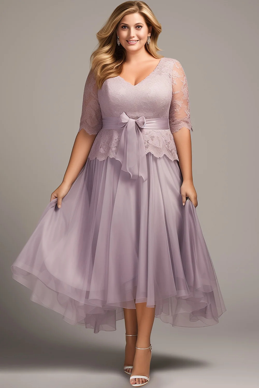 Flycurvy Plus Size Mother Of The Bride Taro Color Mesh Lace Half Sleeve Maxi Dress