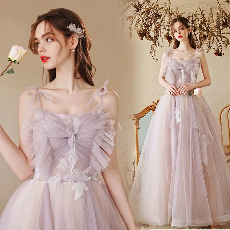 Dream สีม่วง Princess Prom Dress Ruffles Tulle สายสปาเก็ตตี้สายคล้อง Appliqued ชุดราตรีอย่างเป็นทางการ Robe De Mariée