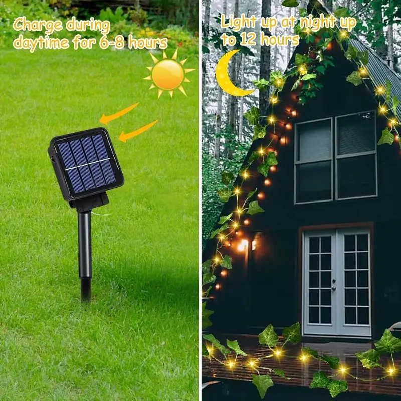 

Solar-Powered LED Rattan String Lights - Outdoor Fairy Lamps with Artificial Leaves for Wedding, Camping