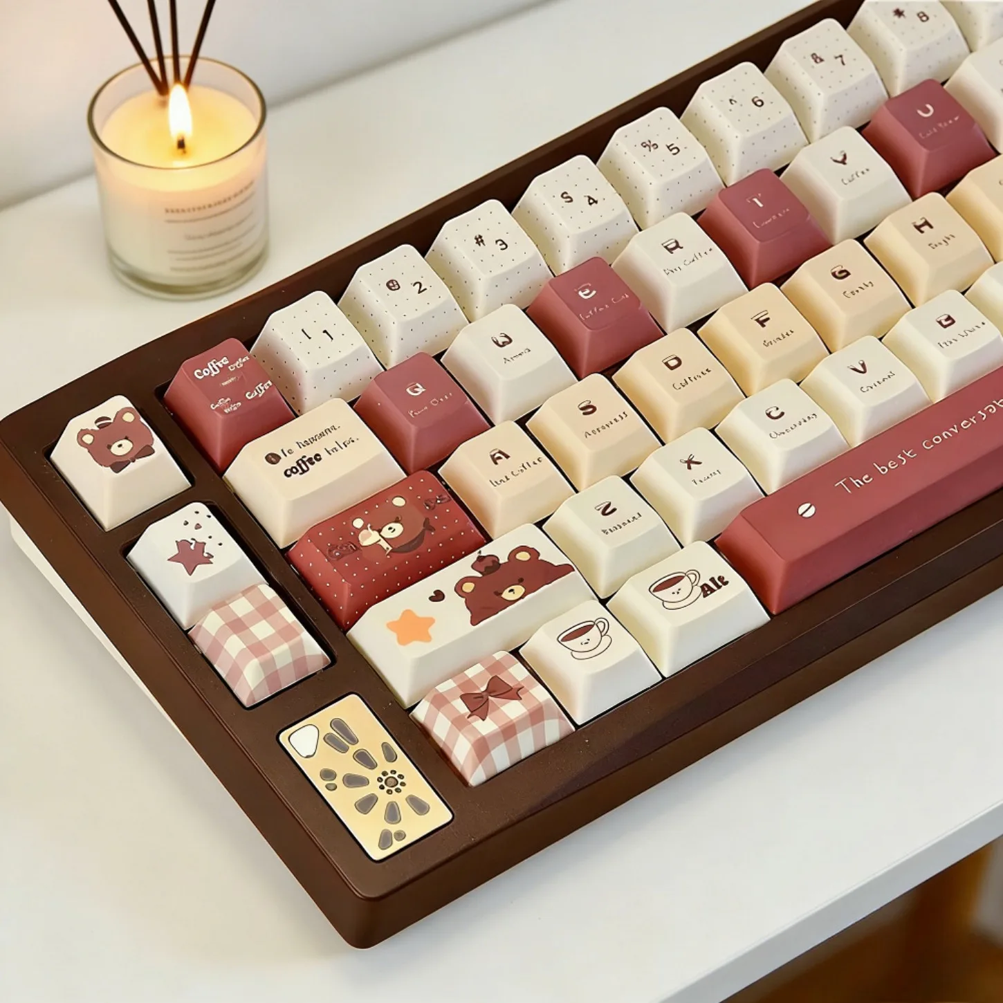 

Coffee Bear, Cute Cartoon Cherry Keycap PBT 129 Key, Customized for 60/84/98/108 Mechanical Keyboard