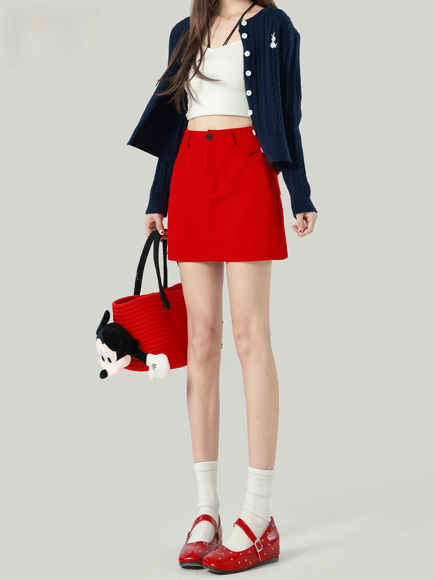 

Красная вельветовая юбка с высокой талией для женщин, новинка ранней осени, предотвращающая просвечивание, облегающая, А-силуэт, короткая юбка-карандаш