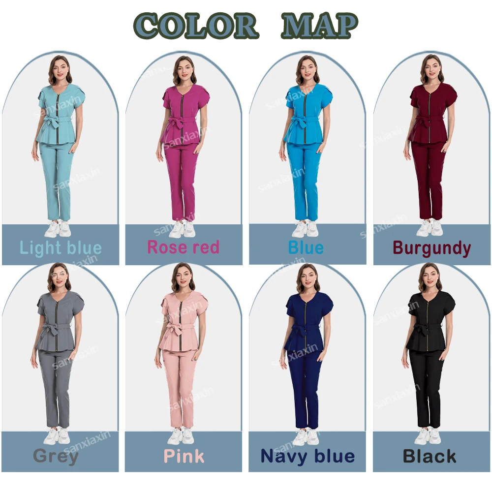 Multicolors Beautician&Manicurist Uniforms Women Scrub Set Medical Doctor Nurse Uniforms Beauty Tops+Straight Pants  Accessories