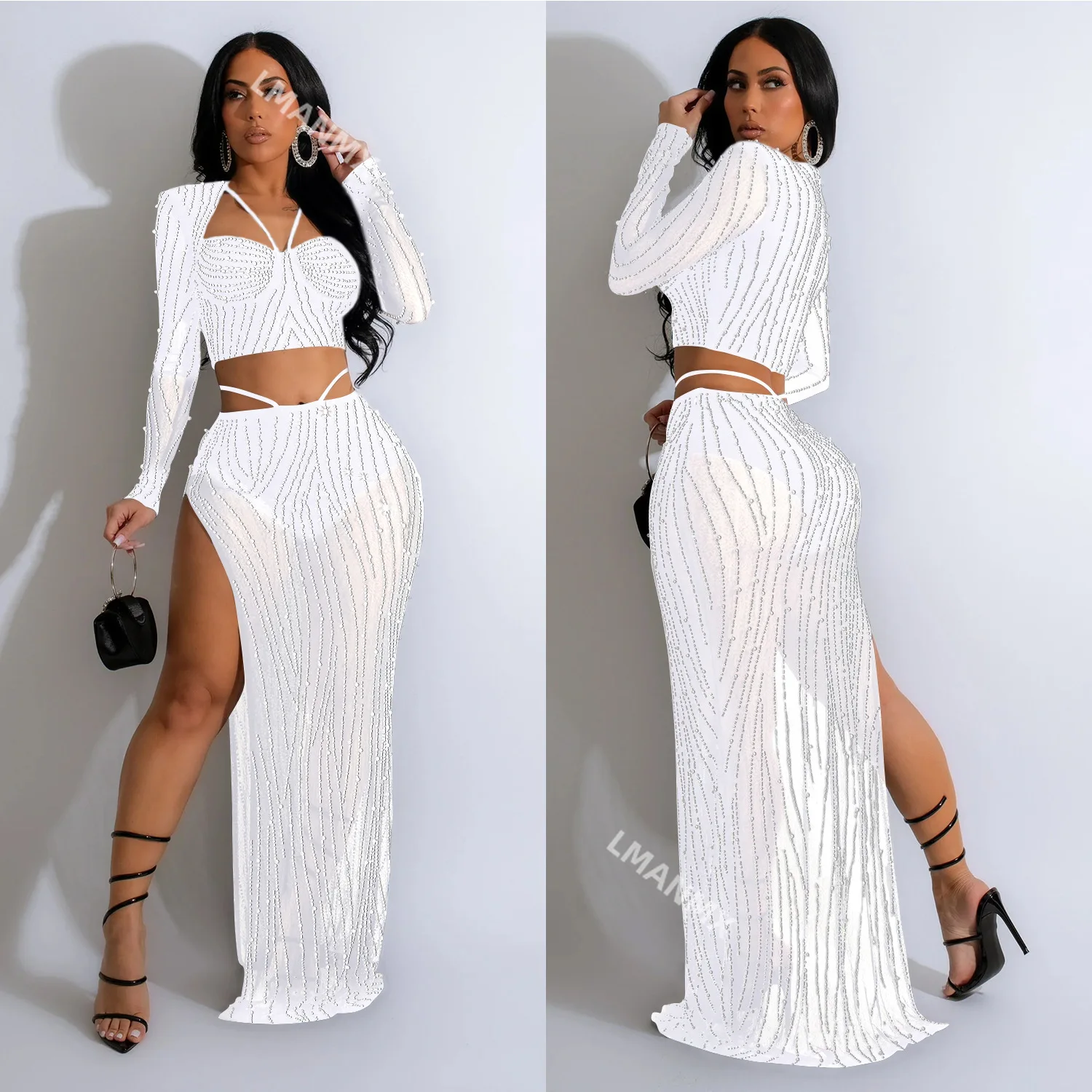 Nightclub Fashion Sexy Women's Wear Solid Color Mesh Hot Diamond Long sleeved Dress Women's Birthday Party Clothing