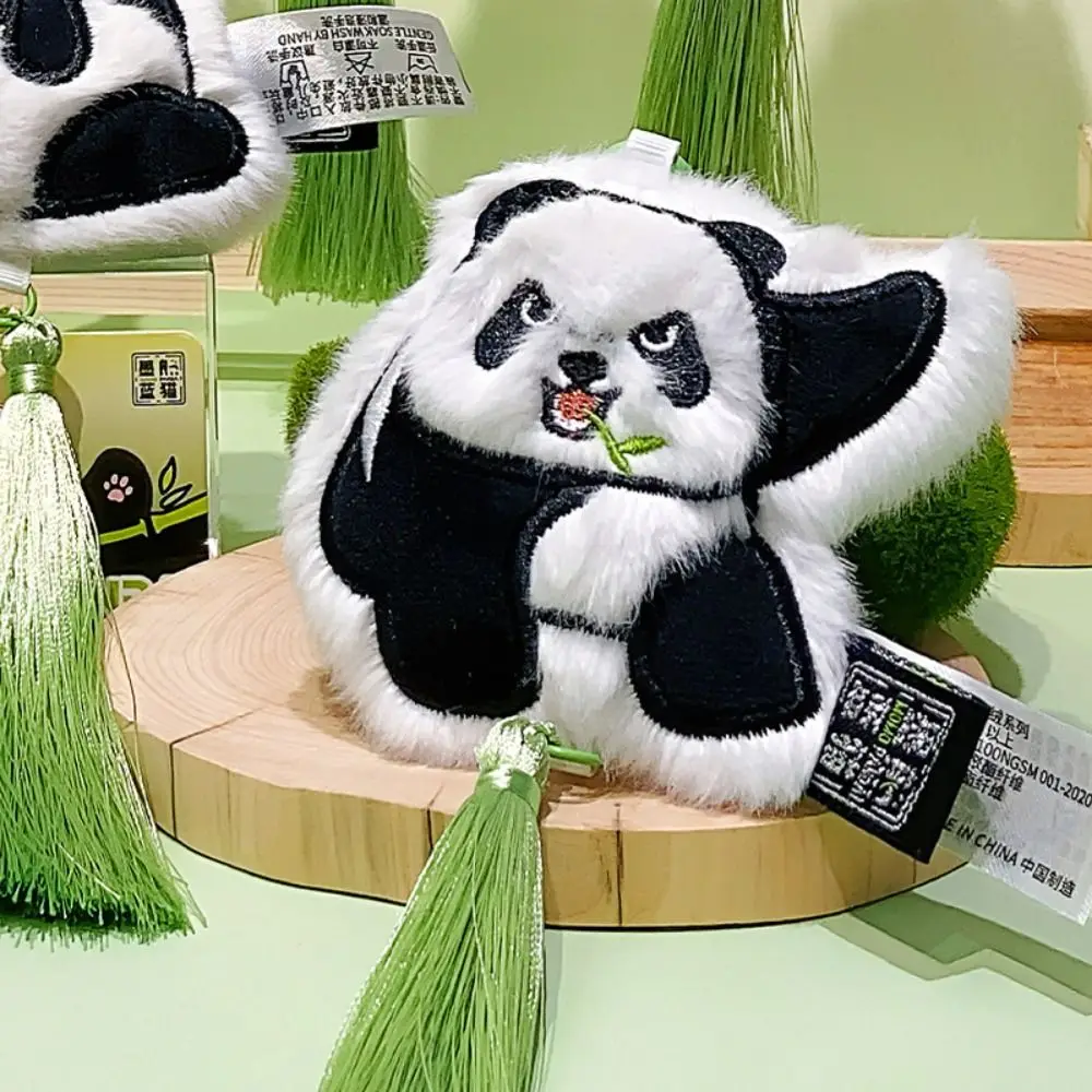 Gantungan Kunci gaya Tiongkok, gantungan kunci Panda empuk rumbai, liontin hewan Kawaii, Gantungan Kunci bambu boneka lembut