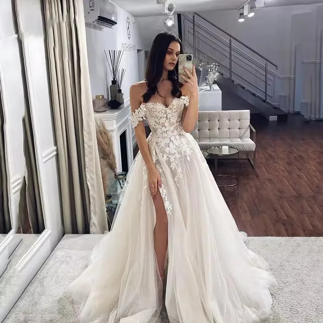 

Fnoexw Ladies Off Shoulder Lace Appliqué Beach Wedding Dress Boho Side High Slit Bridal Gowns Sleeveless Robe De Mariée 2024 Noi