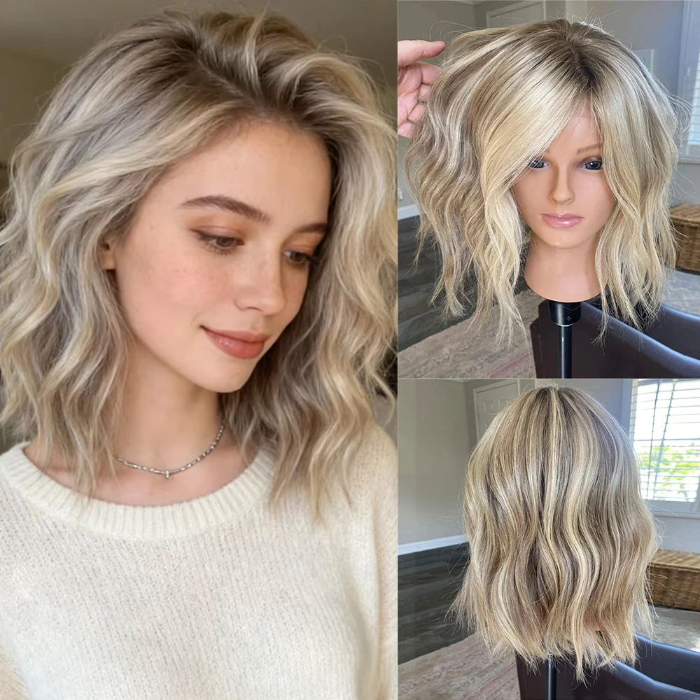 

Ash Highlights Blonde Bob Wig High Heat Fibre Synthetic Lace Front Wigs Dark Roots Short Wavy Cosplay Wig for Women Summer Style