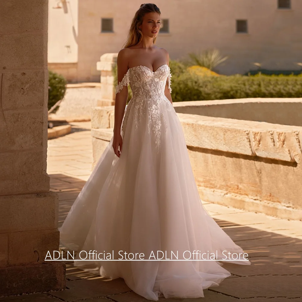 Sexy Glitzer-Hochzeitskleid, maßgeschneidert, schulterfrei, mit Herzausschnitt und Applikationen, Brautkleid in A-Linie, Vestido Noiva