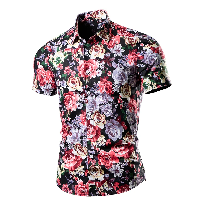 Summer New Men's Short Sleeve Cotton Shirts, Stylish, Figure-flattering Printed Shirt, Available in White, Black, Blue, and Red.