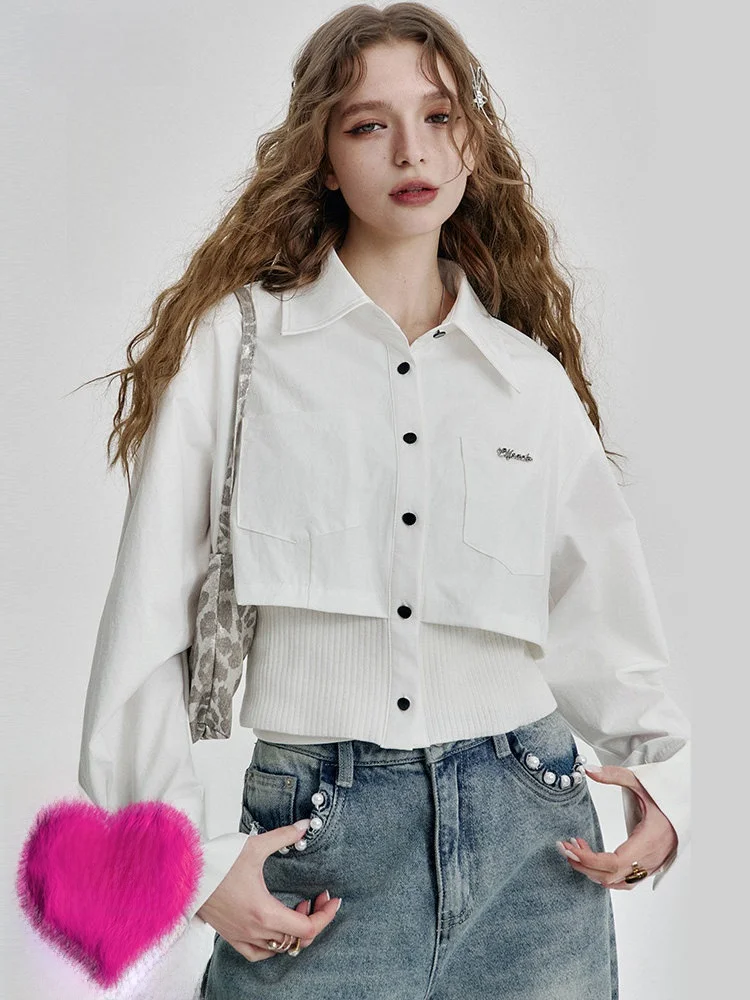 

Ele Trap Fake Two-Piece White irt Women's Slimming Versatile Top by Elf Sa Spring Casual Sle Polyester Pure Color