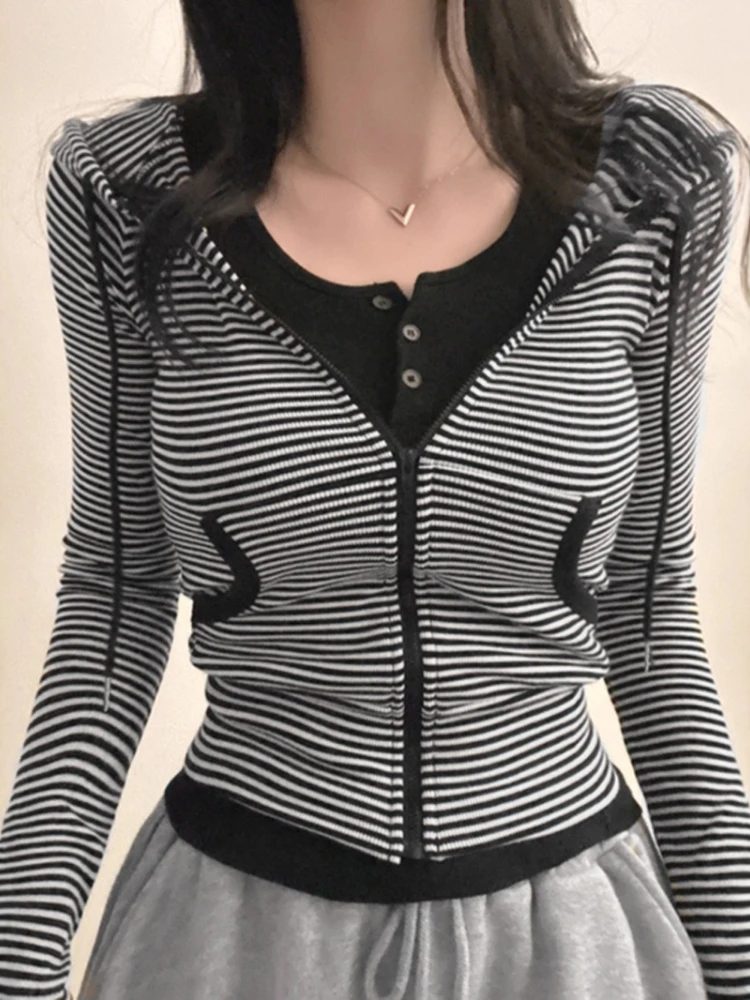 

Пальто с капюшоном в полоску контрастного цвета, осеннее пальто в стиле Харадзюку на молнии, облегающие куртки, женские Y2k, эстетические карманные пальто в стиле гранж