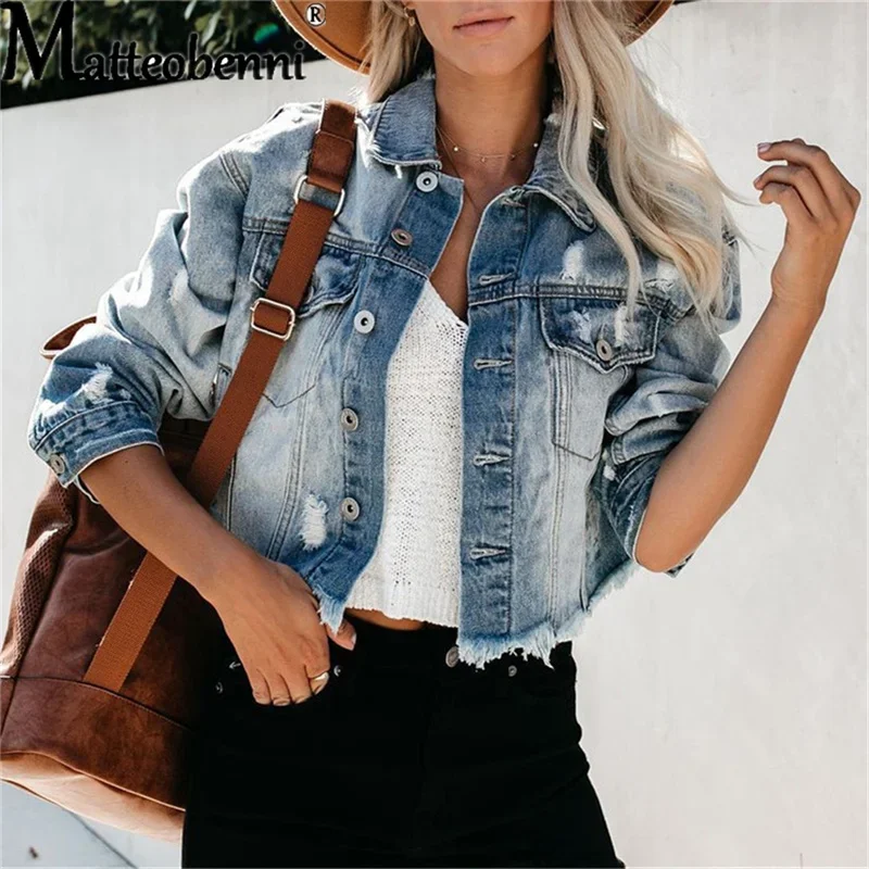 Batwing Sleeve Boyfriend Denim Shirts Jackets Coats Ripped Hole Loose Cardigans Button Jeans Blouses Women Short Outerwear Tops