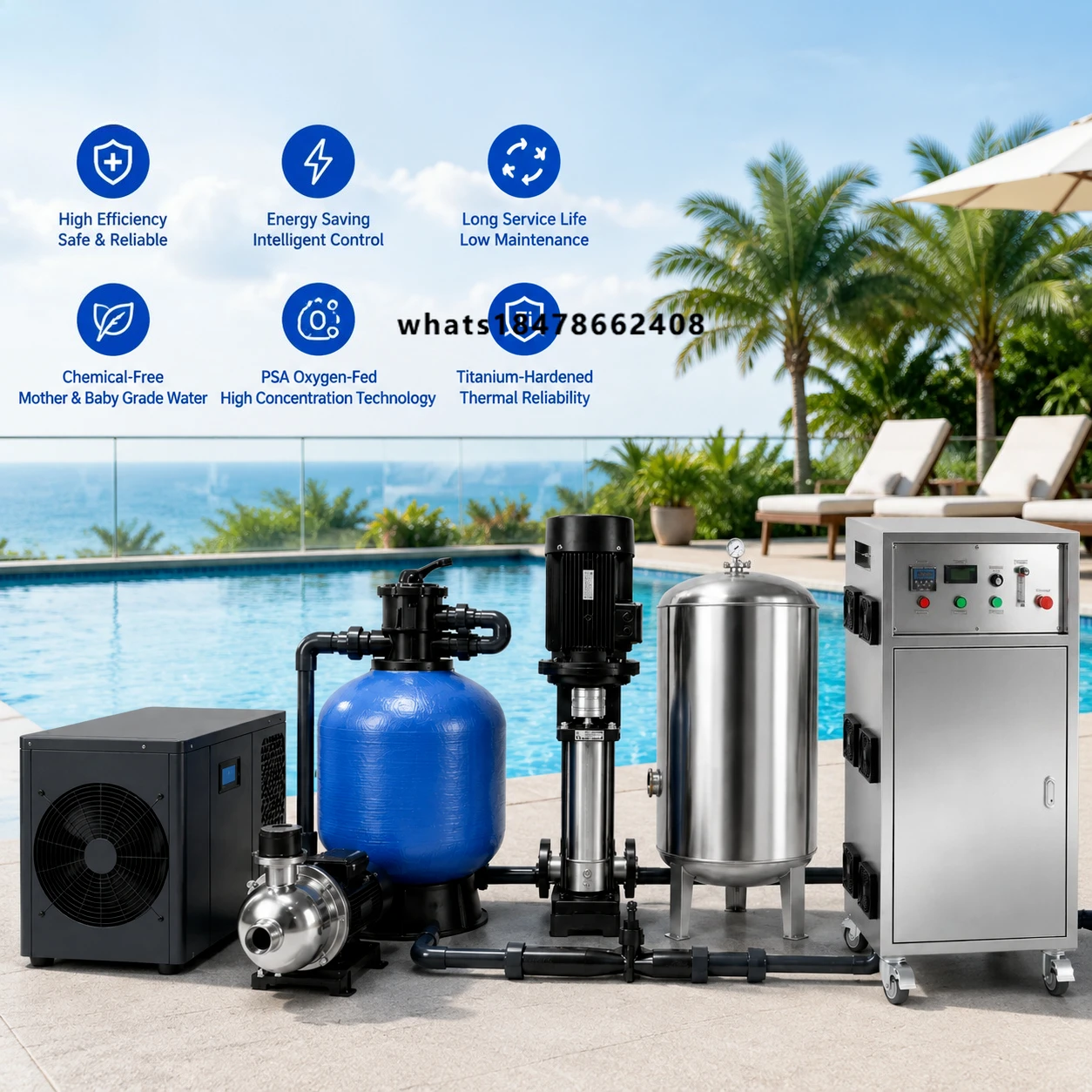 30g/h Ozone Generator Swimming Pool Water Treatment System with Filter & Heat Pump for  Chemical Free Pool