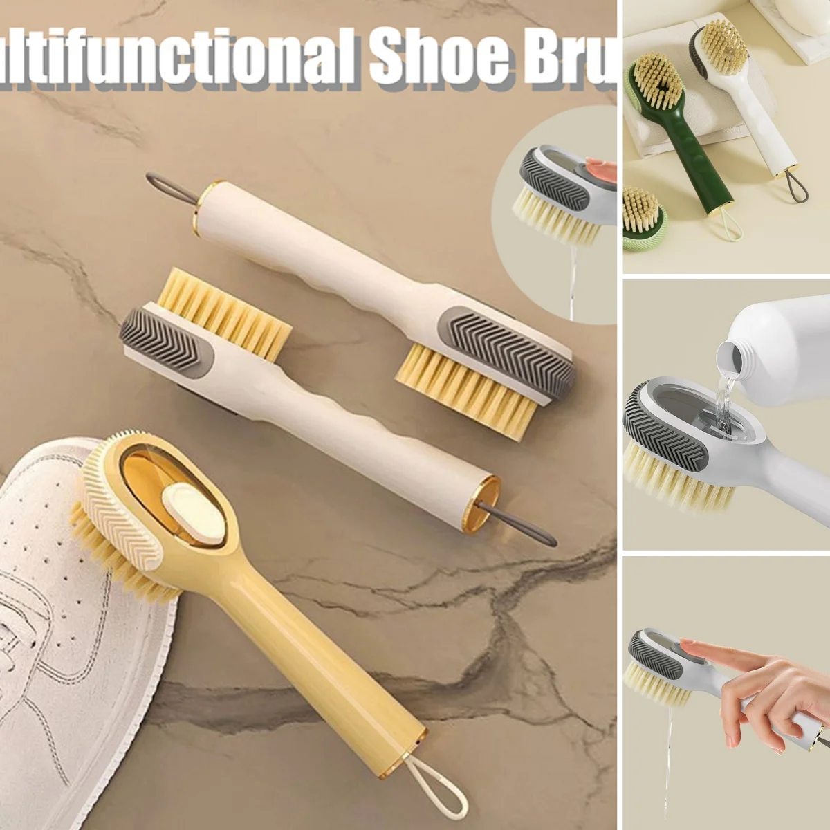 Brosse à chaussures 2 en 1 avec distributeur de liquide, brosse de nettoyage rotative à Long manche, brosse à chaussures remplie de liquide