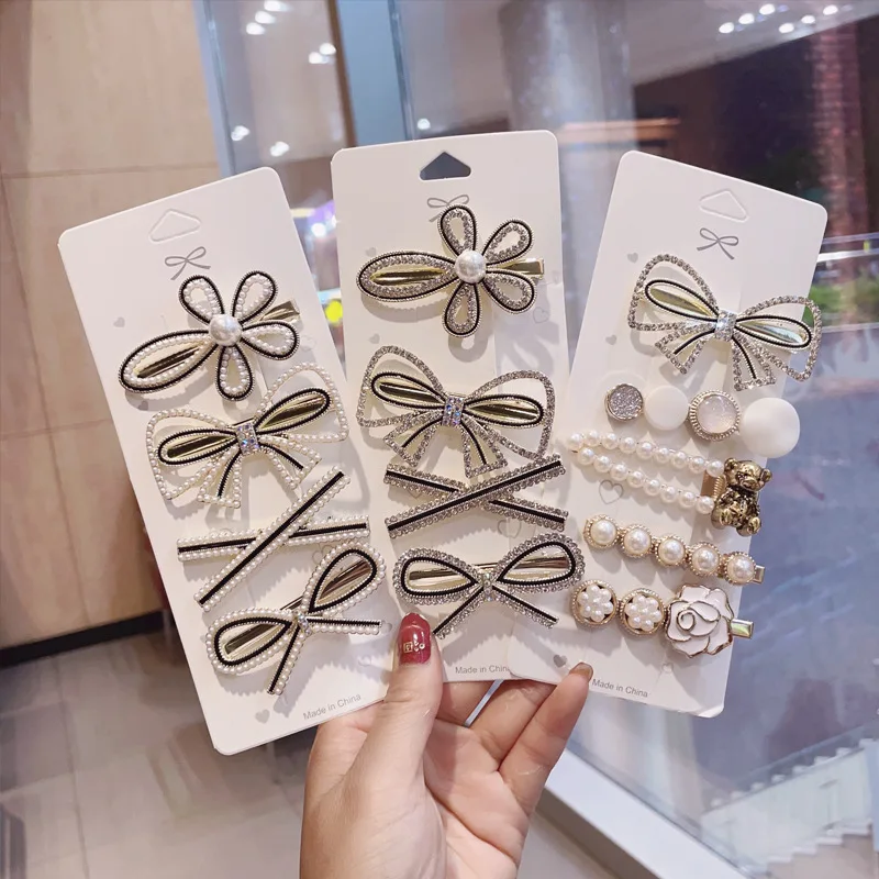 

5 PCS Korea Bangs Hair Clip Set Crystal Diamond Crushed Hair Clip Single Clip Pearl Hair Clip Side Clip Girl Hair Clip