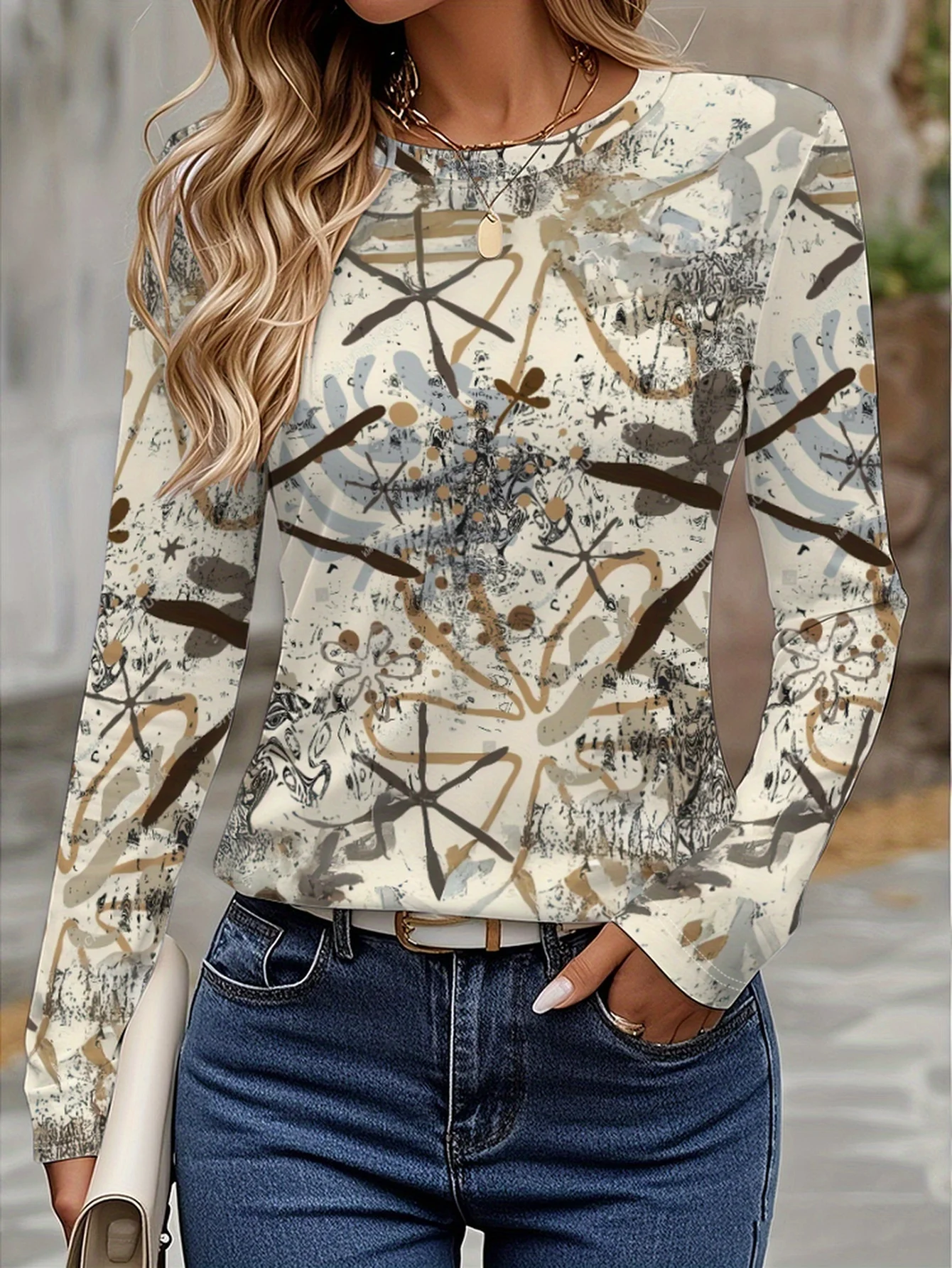

Elegant Women's T-shirt 3D Floral Print Fashion Long Sleeve Round Neck Regular Top Holiday Weekend Spring Autumn
