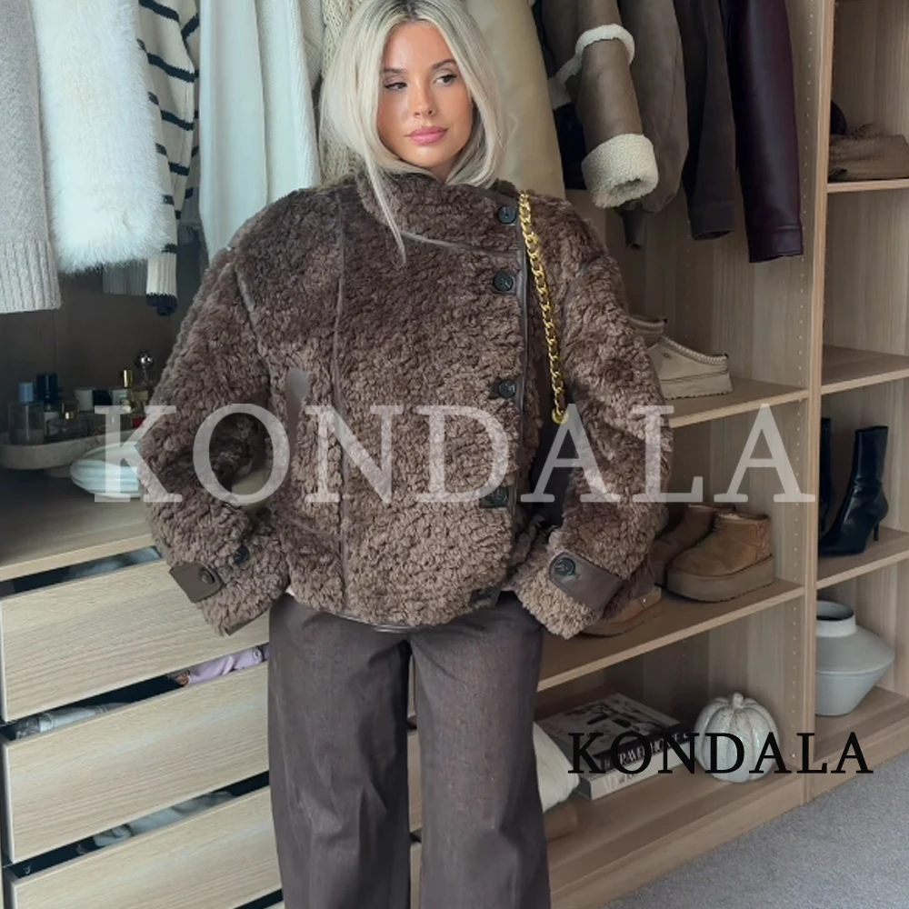 KONDALA Fall Winter Trendy Faux Fur Fleece Coat Women's Elegant Vintage Turtleneck Thick Jacket 2026 Chic Casual Streetwear Coat