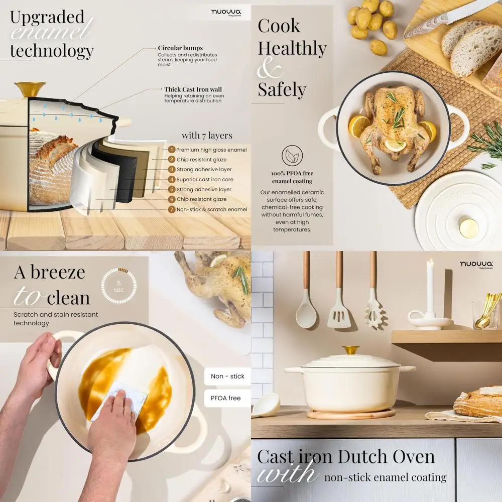 

Non-Stick 6.4 Quart Enamel Dutch Oven Casserole Pot - Oven Safe for Baking, Braising, Stews, Roasting, 28cm Cream