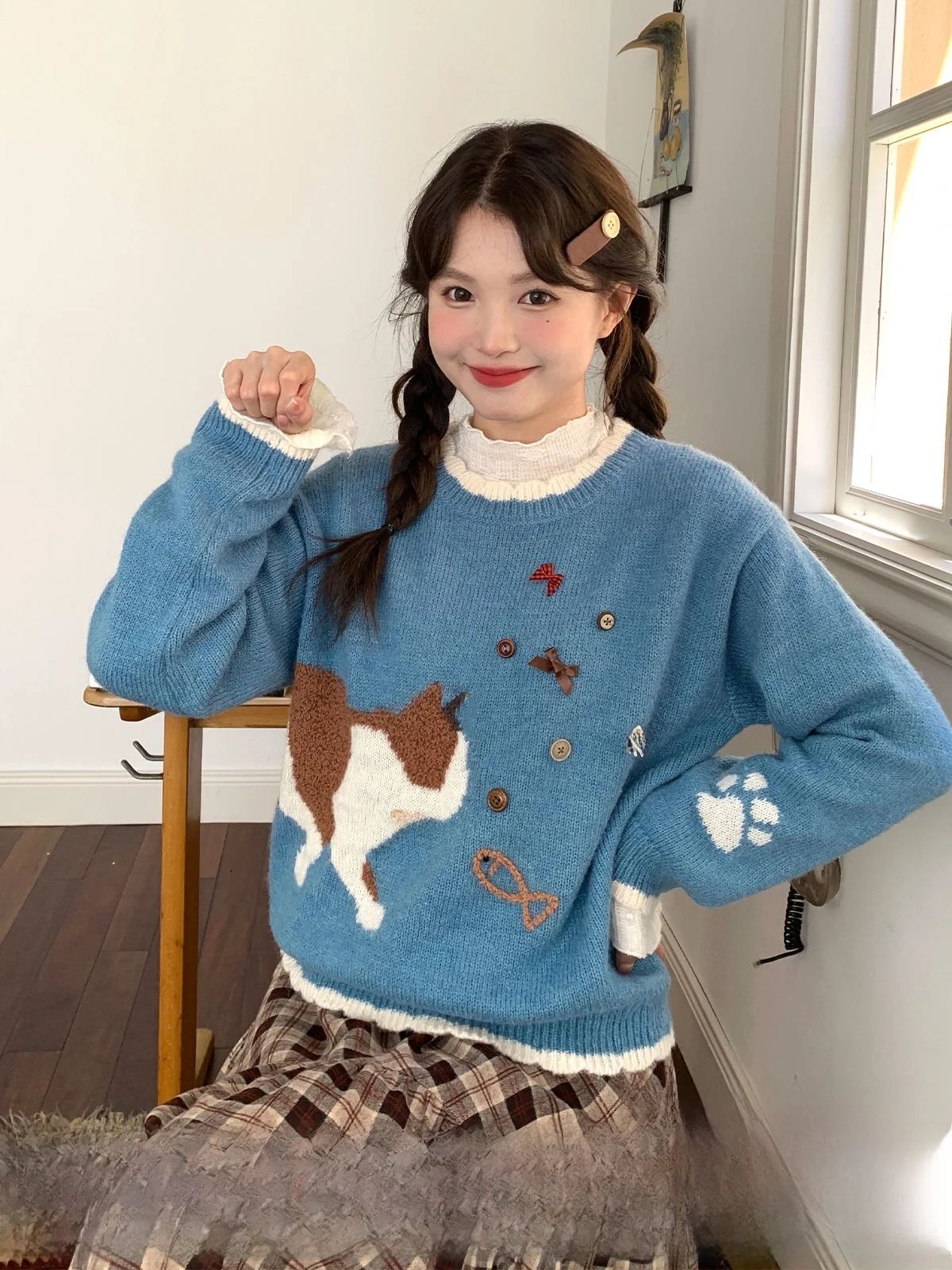 

Sweet Cute Cartoon 3D Bow Tie Sweater Blue Women's Spring Autumn Winter round Ne Pullover Soft Comfortable Breathable