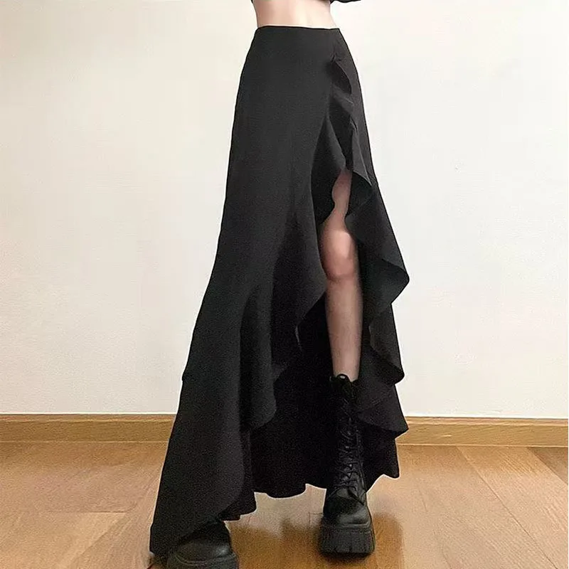 Gothic Fashion Irregular Ruffle Temperament Long Skirt Female Split High Waist Sexy Thin Black Casual Pleated Skirt French