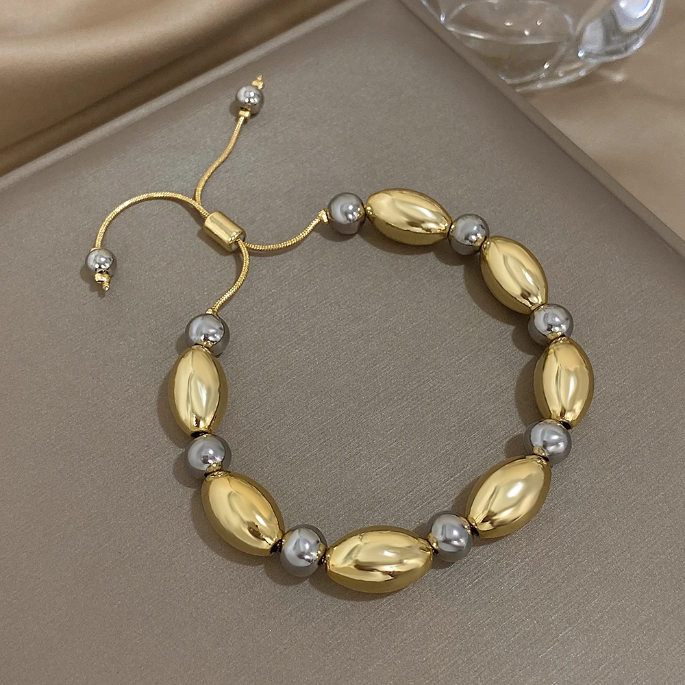 Glossy Two Tone Olive Ball Beads Stainless Steel Bracelets for Women Men Unisex Fashion Hip Hop Style Waterproof Jewelry Gifts