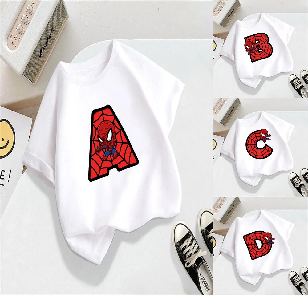 fashion summer dress 2024 cotton O-neck t shirt clothes Girl Boy Spider-Man Letter A-Z Kawaii Cartoon Costume Fashion T-shirt