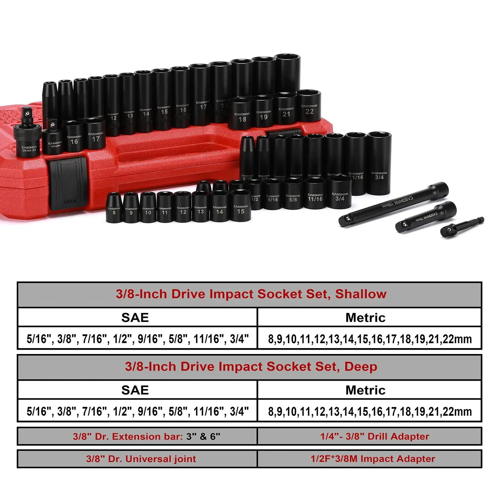 49Pcs 3/8 Inch Drive Impact Socket Set 6-Point CR-V Steel Ratchet Wrench Kit with Extension Bar Adapter Universal Joint Heavy Duty Automotive Repair Hand Tools High Torque Auto Mechanic Garage Tool Kit