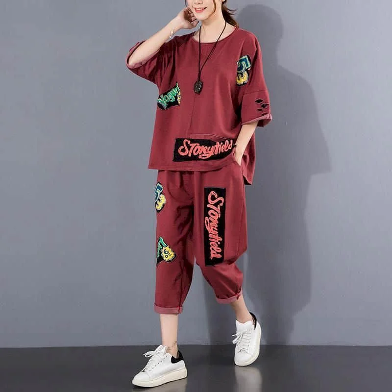 

Pants Sets Korean Style Casual Sporty Short Sleeve T-shirts and Cropped Harem Pants Two Piece Sets Women Outfits Matching Sets