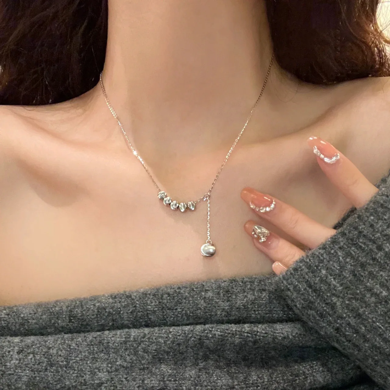 S925 Sterling Silver Retractable Push Pull Cat Eye Bead Bean Necklace Collarbone Chain Exquisite