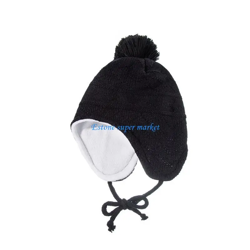 

090B Winter Warm Baby Solid Color Earflap Hat Gloves Set Fur Ball Cap Mitten for Toddler Girls Boys Knitted Hat