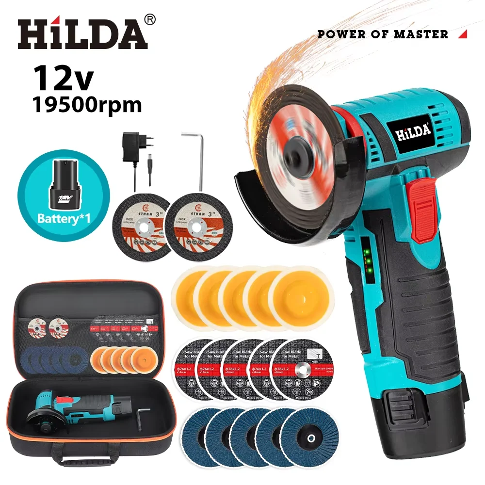 HILDA 12V Mini Angle Grinder Miniature Rechargeable with Battery Cutting Blade Polishing Grinder for Cutting Diamond Cordless