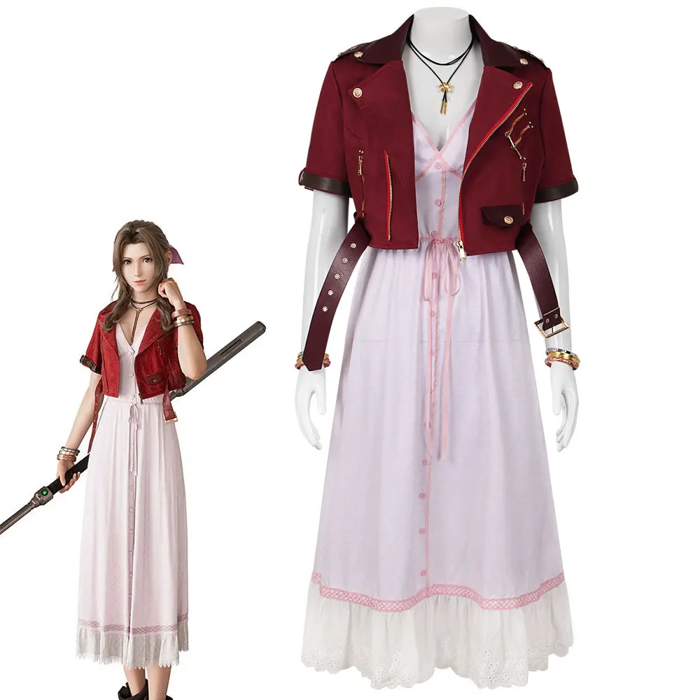 

Fantasy VII Cosplay Game FF7 Aerith Gainsborough Cosplay Costume Aerith Coat and Dress Full Set Halloween Party Outfits