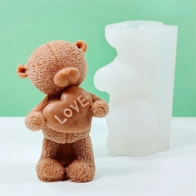 Valentine\'s Day Love Bear Silicone Candle Mold 3D Standing Bear Hugs Love Heart Crafts Resin Gypsum Soap Mold Home Gifts