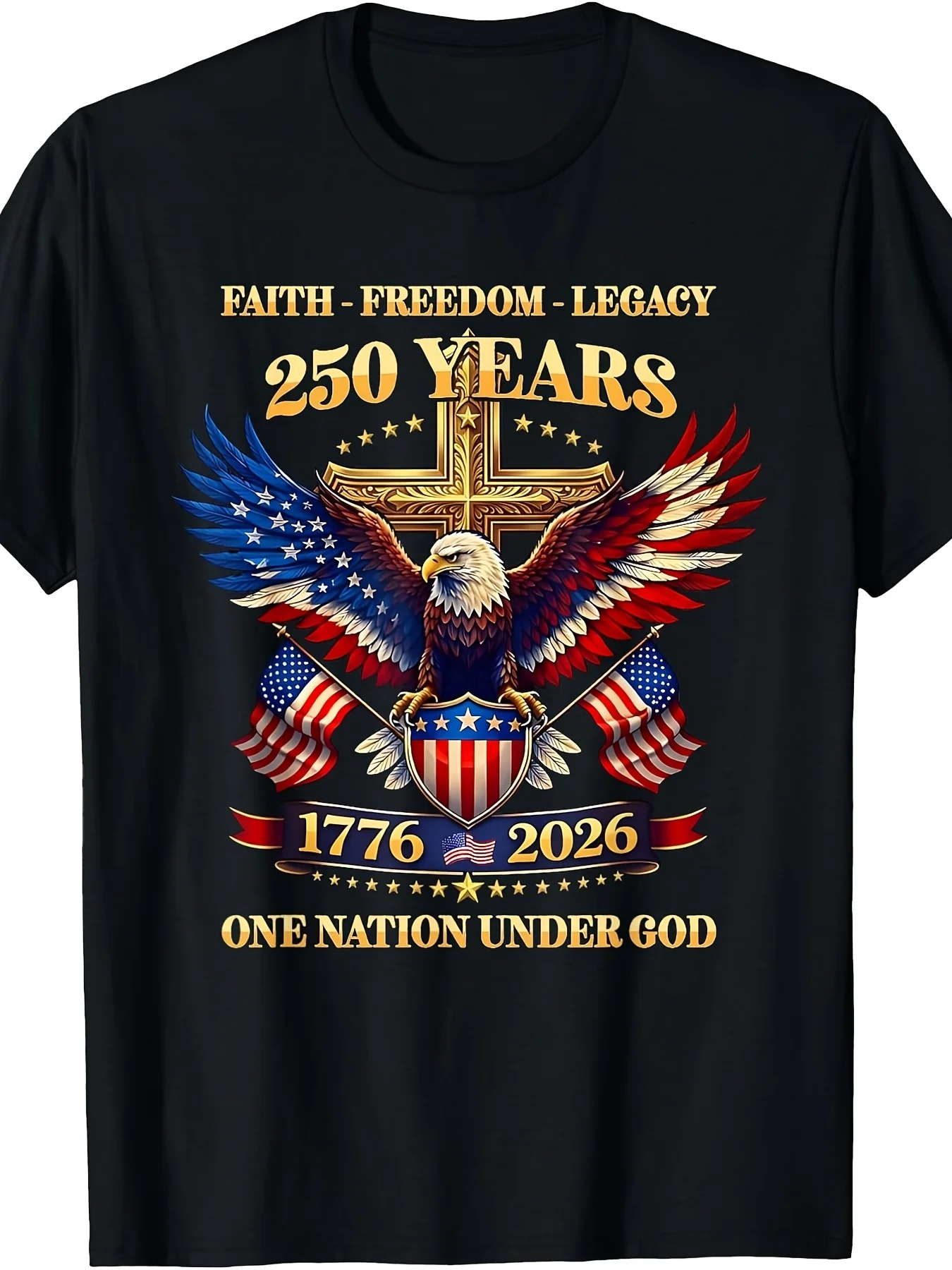 250 Years of Freedom of Belief, 250th Anniversary of The Eagle Emblem, 3-piece American Retro Casual T-shirt, Crew Neck Printing Design, Suitable for Daily Commuting and Outdoor Activities, Machine Washable, Breathable and Comfortable