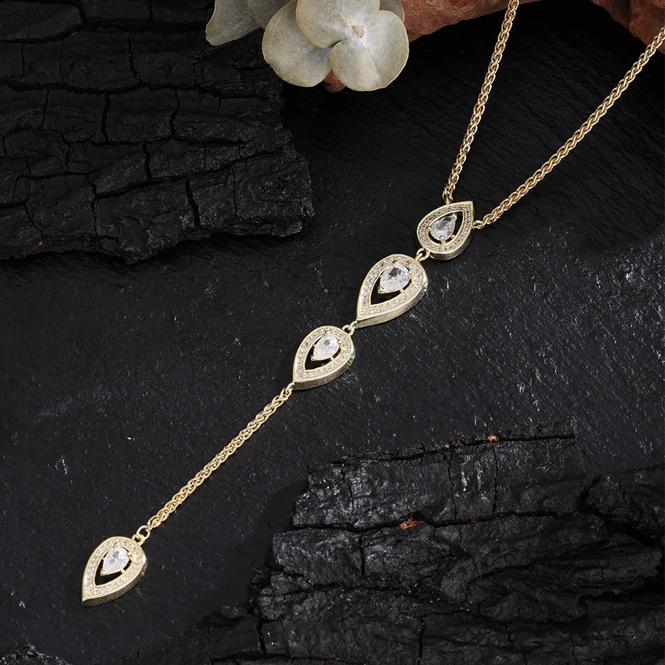 ZAKOL Elegant Tears Pear Cubic Zirconia Y-shaped Necklace for Women Sexy Fashion Body Chain Wedding Party Jewelry