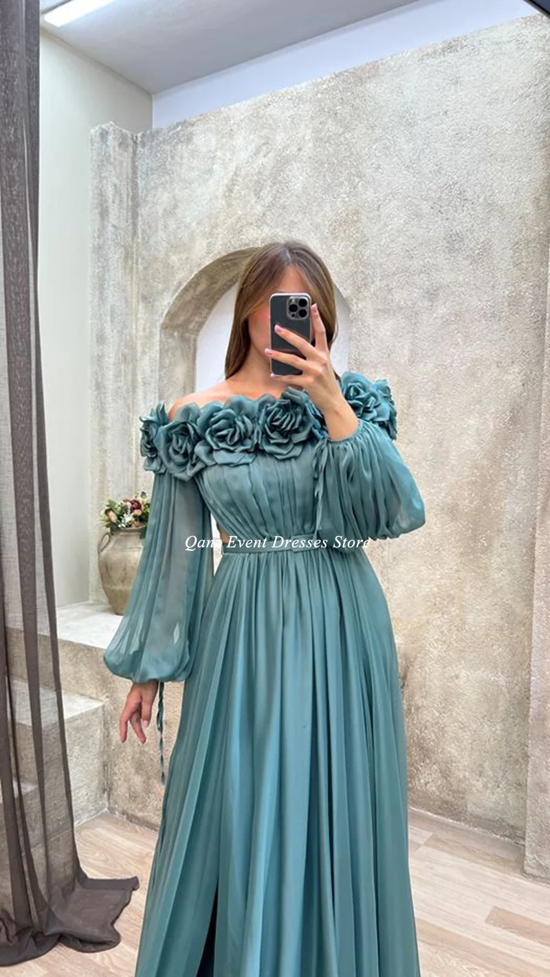 Qanz Sexy Slit Evening Dresses Flowers Puff Sleeves Belt Pleat Vestidos De Noche Gala Party Dresses Robes De Soirée Customized