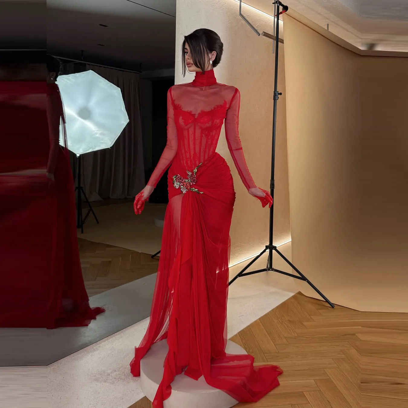 

Red Lace High Neck Ball Gown Evening Dress for Cocktail Party and Formal Events, Sheer Fabric with Floral Embellishments