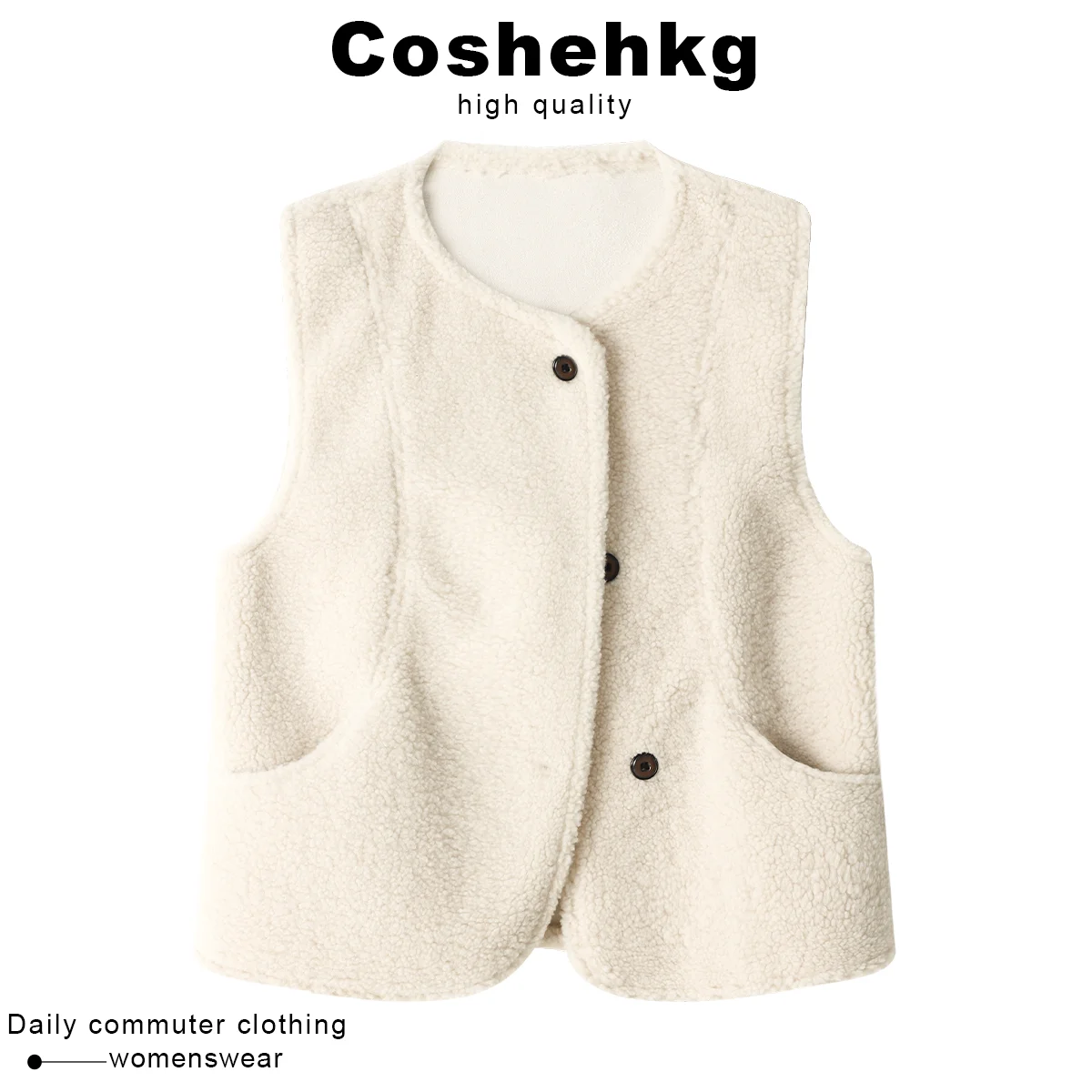 Coshehkg Fashionable Lamb Fur Vest Women's Winter Thickened Fleece Lined Sleeveless Warm Layering Vest Standard Fit round Neck