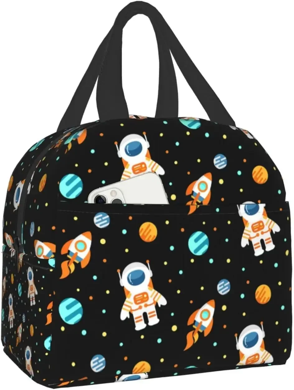 

Space Astronaut Lunch Bag for Kids Boys Girls Black Planets Universe Insulated Cooler Lunch Box for School Work Picnic Beach