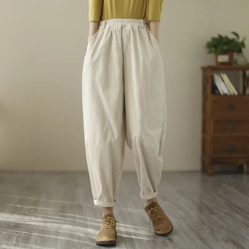 2024 Vintage Corduroy Haren Pants New Sports and Leisure Baggy Pants with Fleece Thickened Waist Slimming Women's Casual Pants