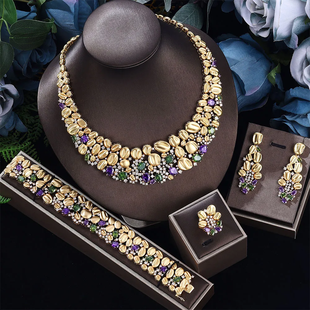 

2024 Top Four Piece Nigerian Bride Zircon Women's Party Luxury Dubai Necklace Bracelet Earrings Crystal Wedding Jewelry Set