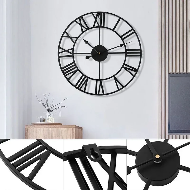 Nordic Style Metal Roman Numeral Wall Clocks Retro Iron Round Face Black Gold Large Outdoor Garden Clock for Home Decoration