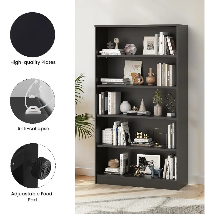 خزانة كتب بطول 60 بوصة مكونة من 5 أرفف، منظم تخزين، رف قابل للتعديل للمنزل والمكتب وغرفة الدراسة، سهل Assey باللون الأسود #4