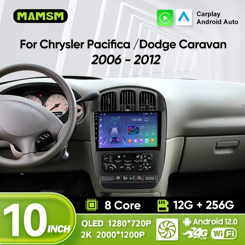 Radio para Auto con Navegación WiFi/4G GPS Android 12 y Carplay para CHRYSLER PACIFICA / DODGE CARAVAN 2006-2012, Kit de Arnés Multimedia para Auto