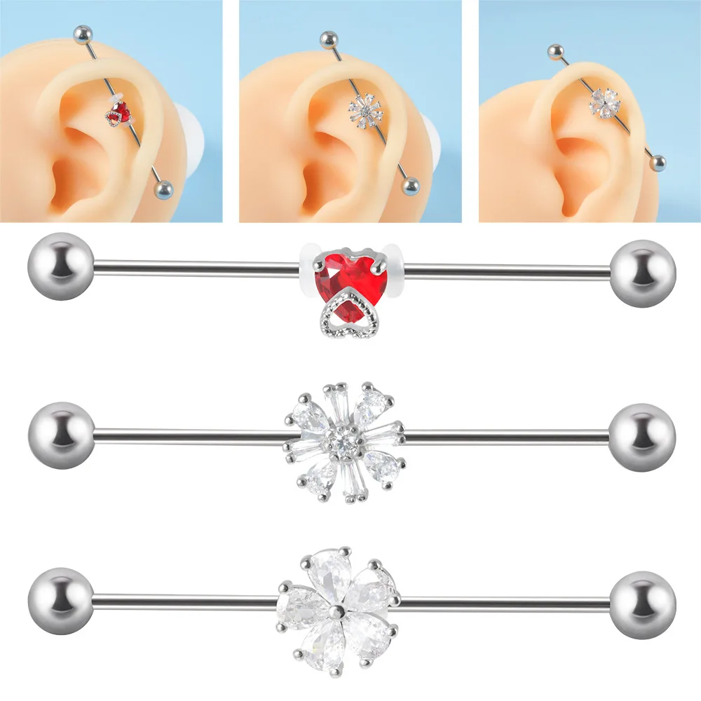 Guemcal 1 pair Stainless Steel Heart-shaped Zircon Ear Bridge Square Flower Water Drop Zircon Double Hole Straight Rod Ear Stud