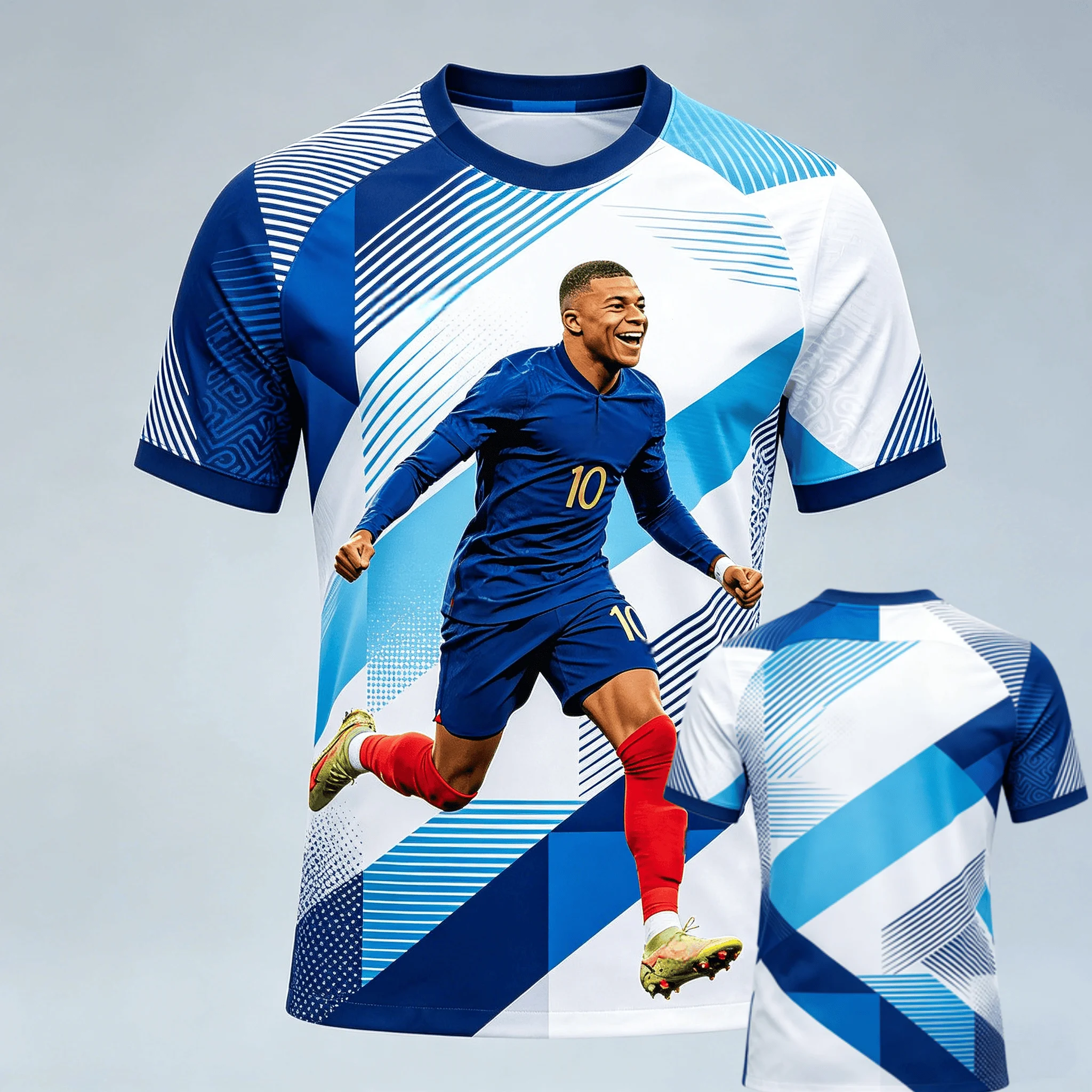 Mbappe No.10 Geometric Diamond Cutting Dynamic Stripe Theme Full Print Commemorative Short Sleeve Family Matchingkids T-shirt