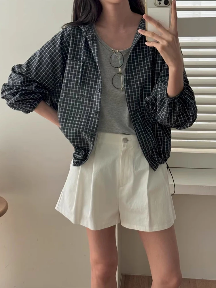 

Loose Women's Plaid irt Coat with Dstring Early Autumn New Sle Casual Comfortable Breathable Long Sve Zipper Closure