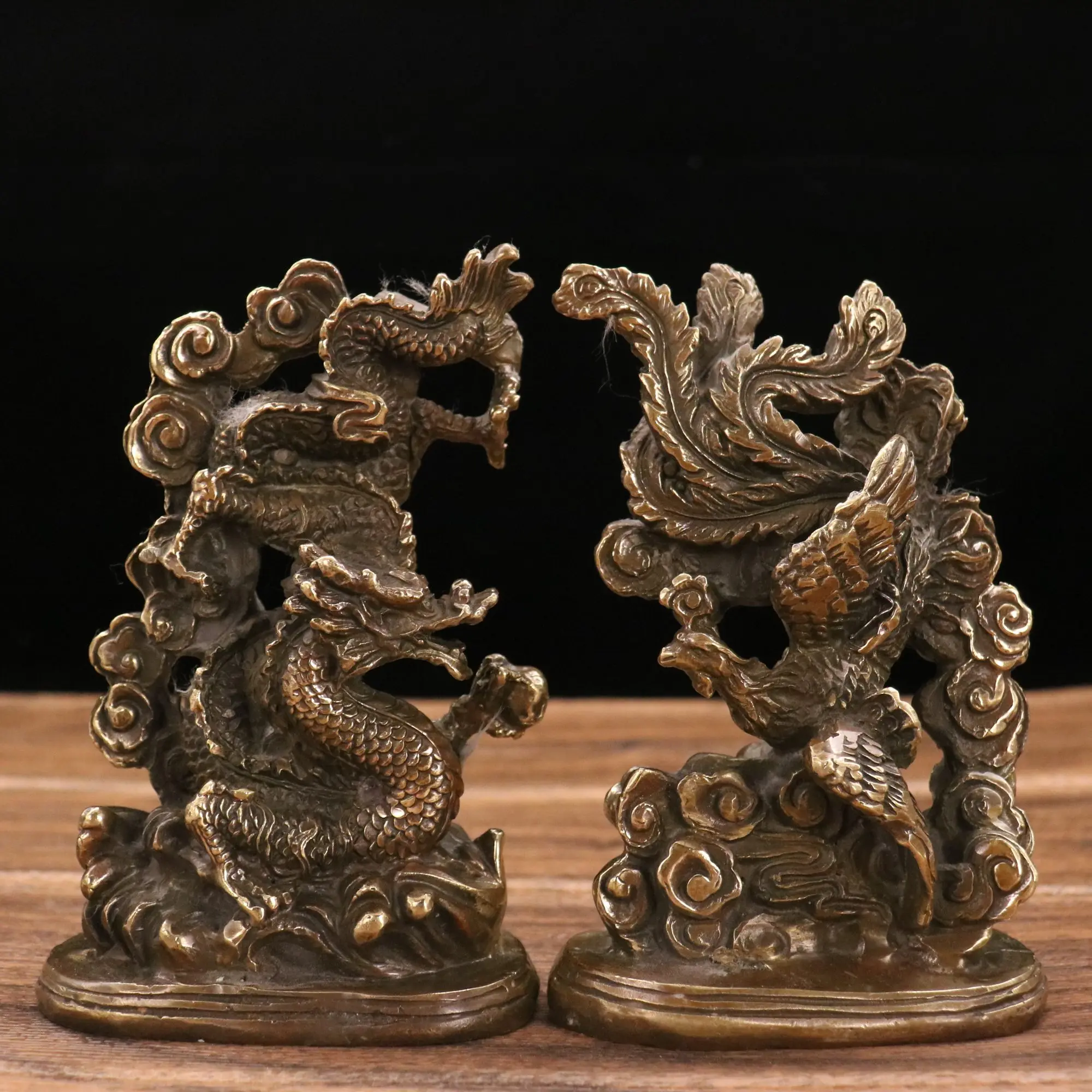 

5"Tibetan Temple Collection Old Bronze Gilded Dragon Phoenix Statue A Pair in extremely good fortune Amass wealth Ornaments