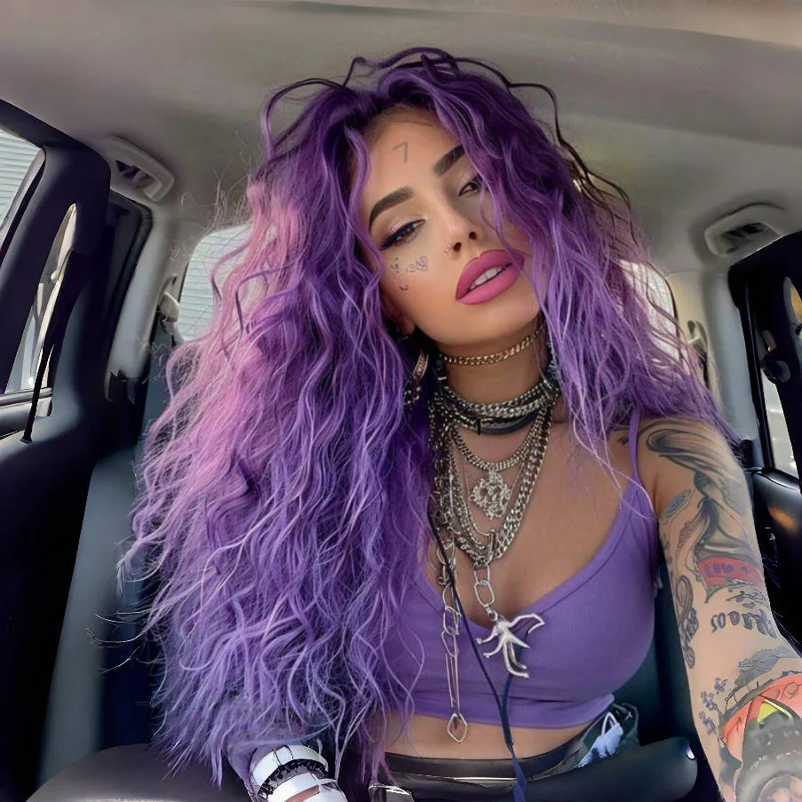 Long Curly Purple Wig Deep Wavy Purple Wig For Fashion Women T-part No Bangs Synthetic Wig Party Cosplay Christmas Use 26 Inch